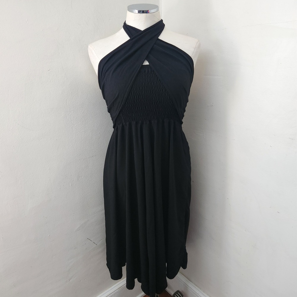 Joob Joob Black Cotton Multi Way Wrap Halter Smocked Midi Dress One Size